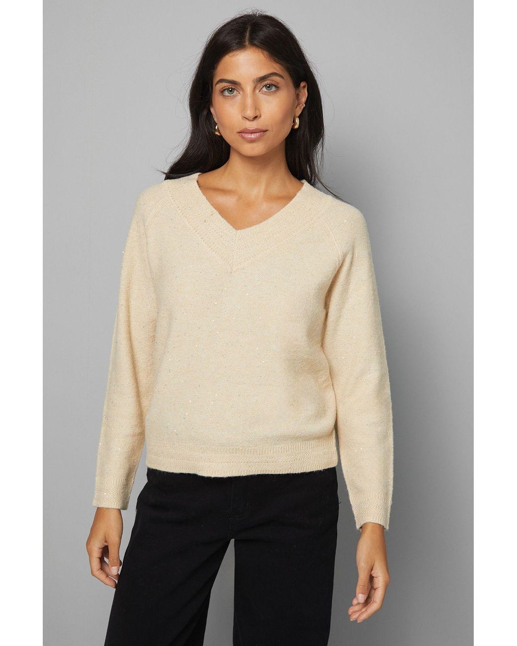 Wallis Sparkle Sequin V Neck Jumper In Natural Lyst UK