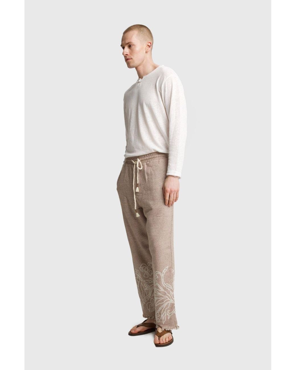 Giesto Natural Cotton Embroidered Knit Wide-Leg Pants for men