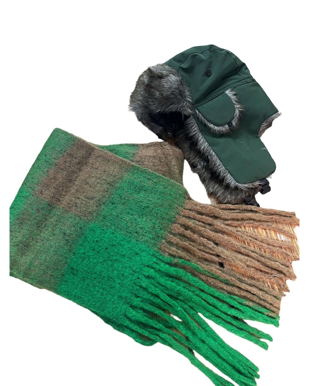 SVNX Green Khaki Trapper & Check Scarf Set for men
