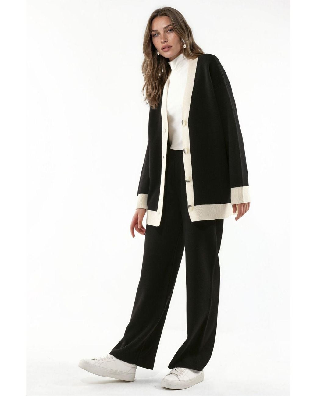 Hiccup Black Buttoned Cardigan & Textured High Waist Knit Pants Co-Ord Set