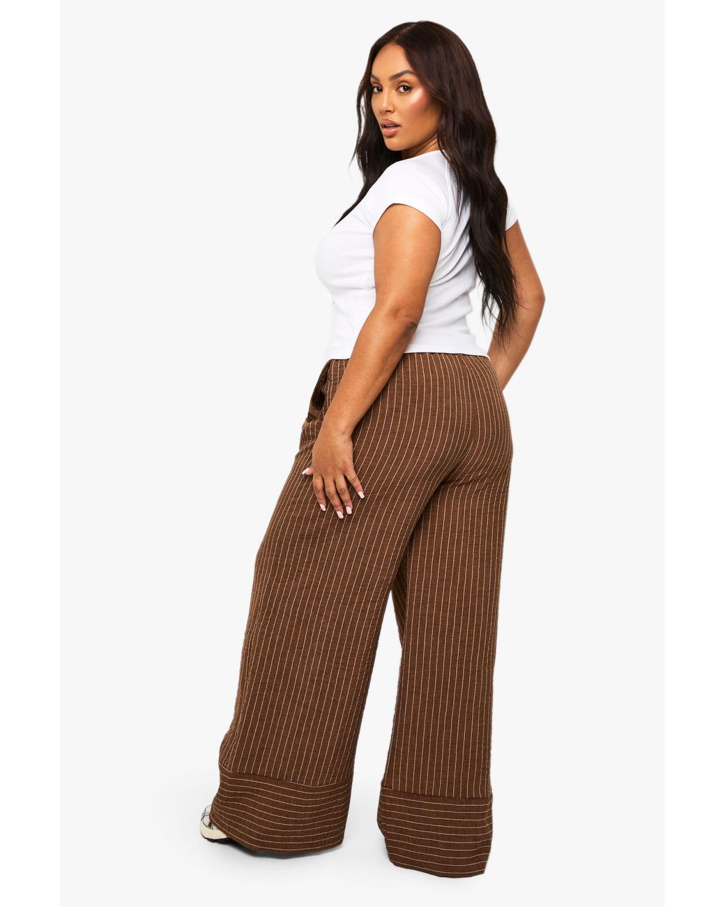 Boohoo Brown Plus Woven Stripe Wide Leg Trouser