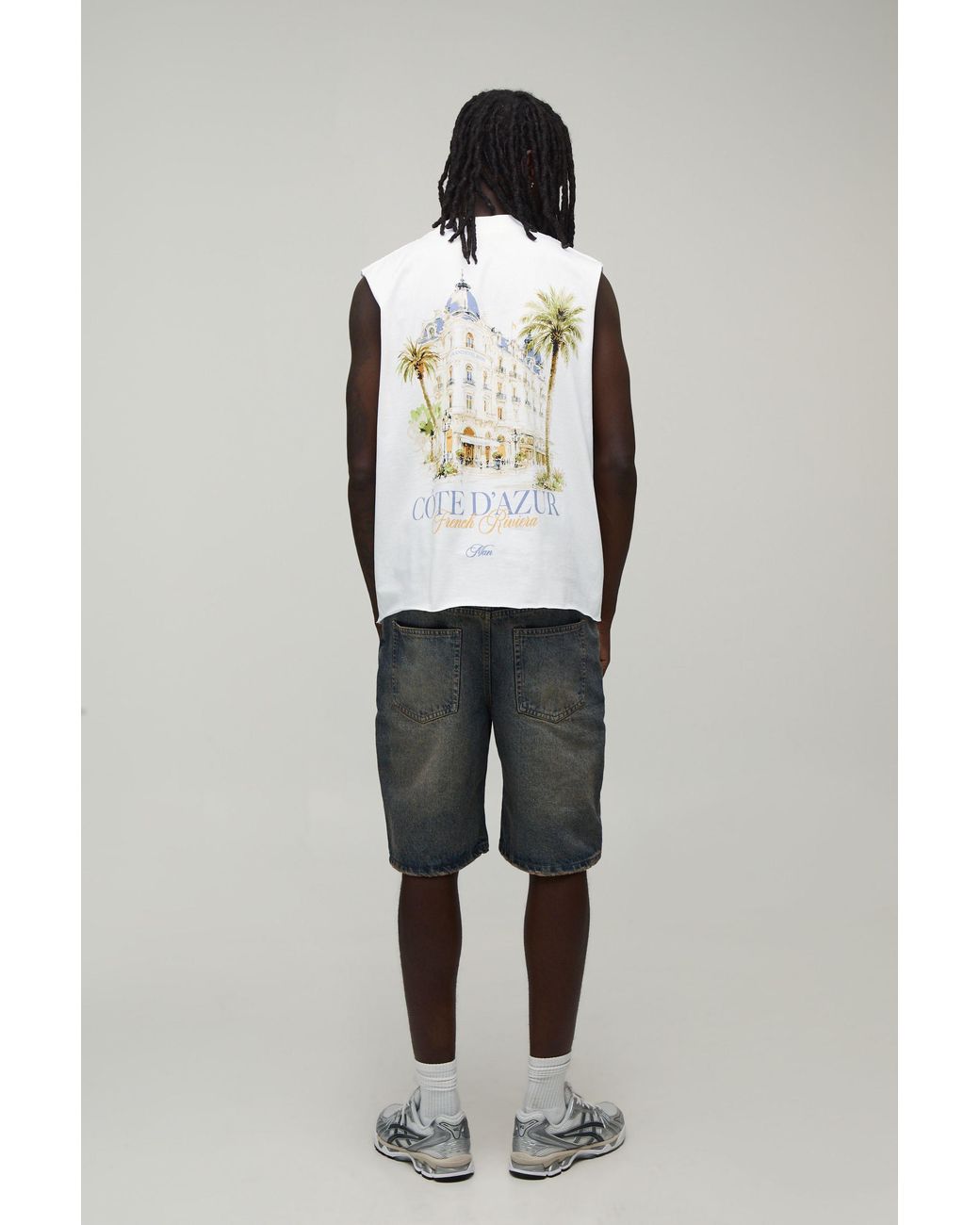 BoohooMAN Black Oversized Boxy French Riviera Print Tank Cotton for men