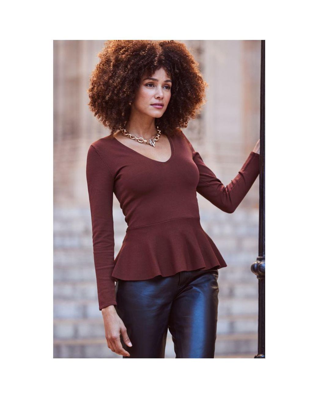 Sosandar Blue Chocolate Peplum Hem Fine Knit Top Nylon/Viscose