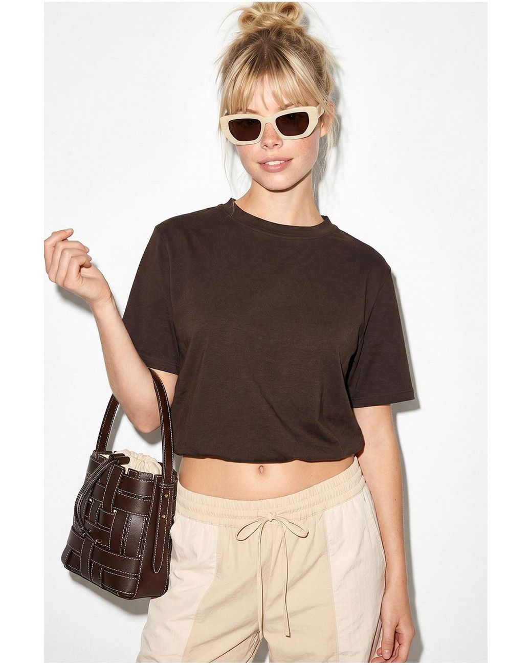 Bianco Lucci Brown Crop Crew Neck T-Shirt