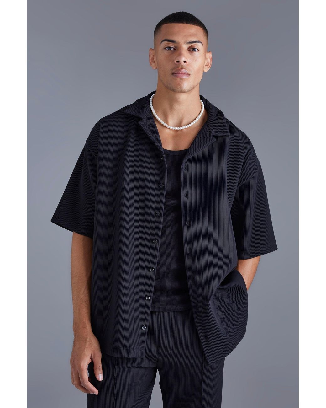 BoohooMAN Blue Short Sleeve Revere Oversized Fit Pleated Shirt for men