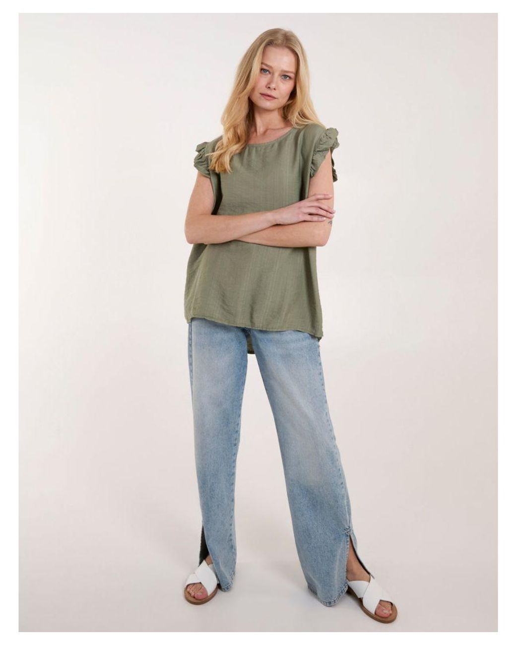 Blue Vanilla Green Button Back Frill Shoulder Top
