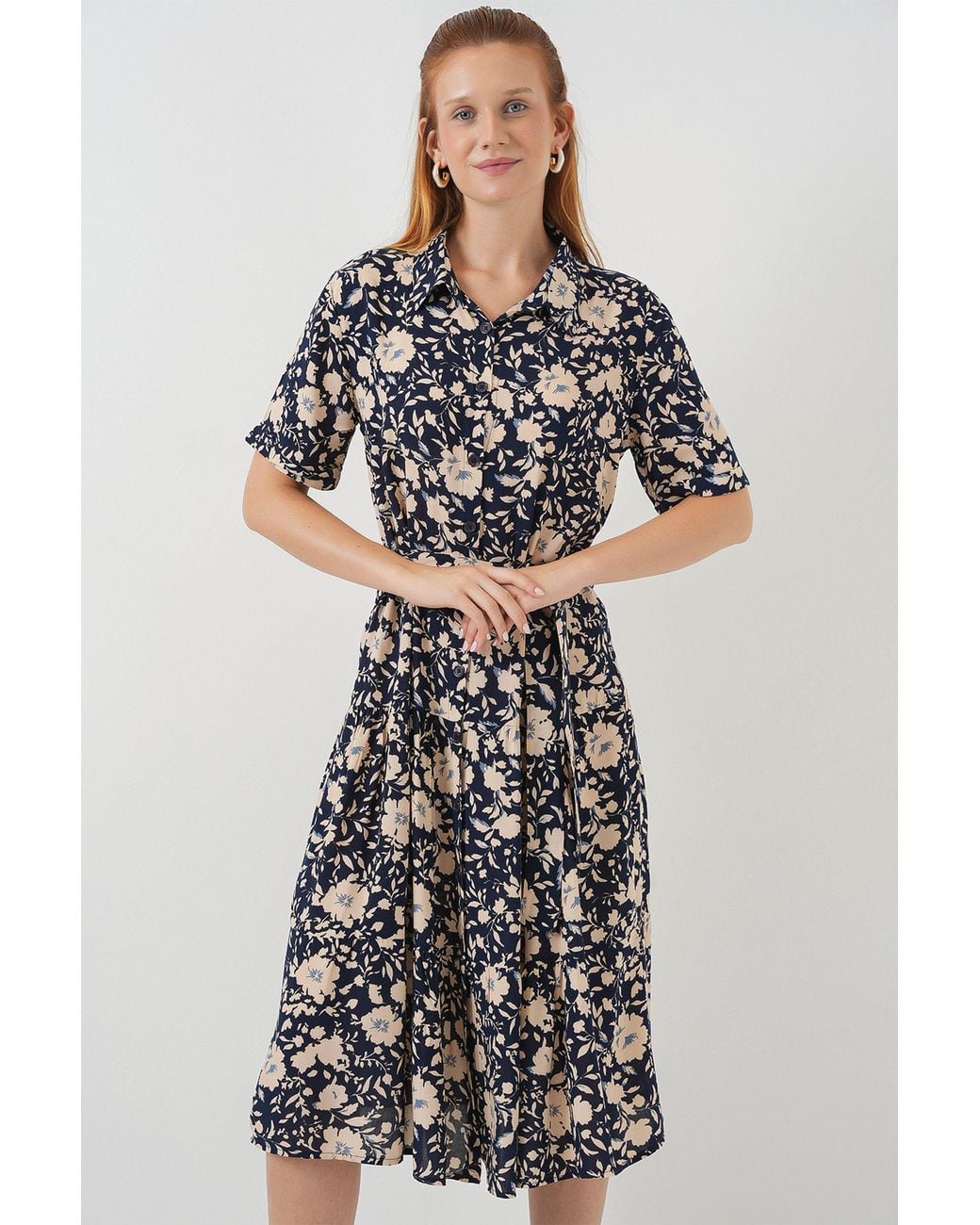 Bigdart Blue Patterned Midi Shirt Dress
