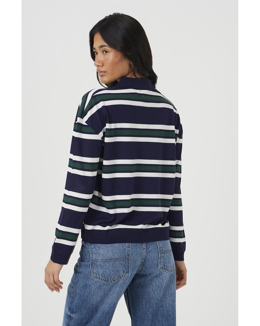 Brave Soul Blue Long Sleeve Striped Knit Polo Jumper