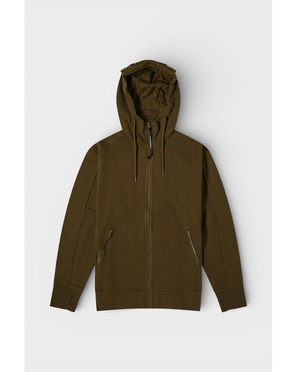 C P Company Green Diagonal Fleece Zip Goggle Hoodie Ivy for men