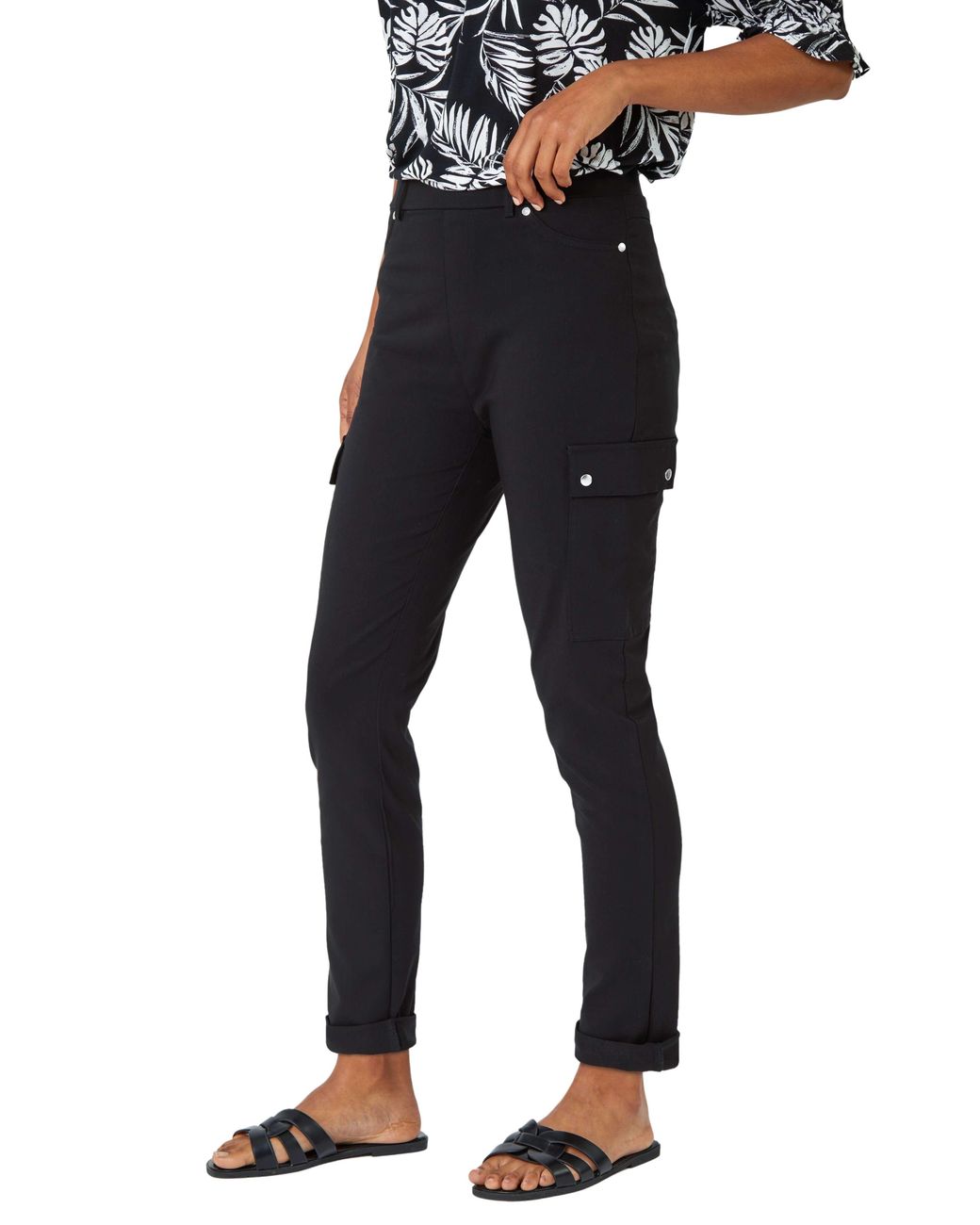 Roman Black Turn Up Stretch Cargo Trousers