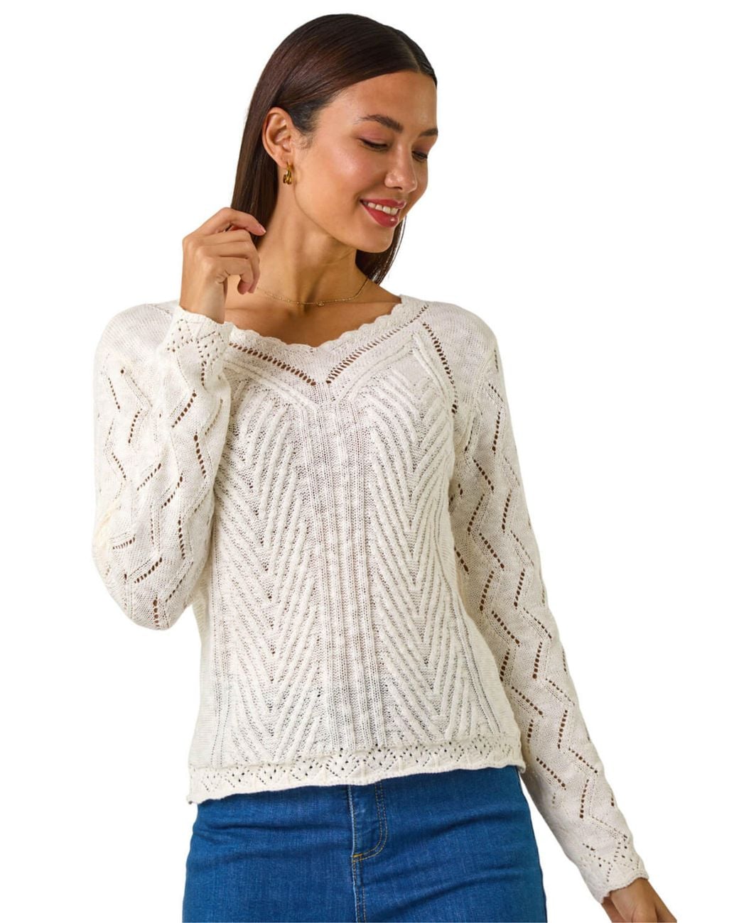 Roman White Scallop V-Neck Knit Jumper