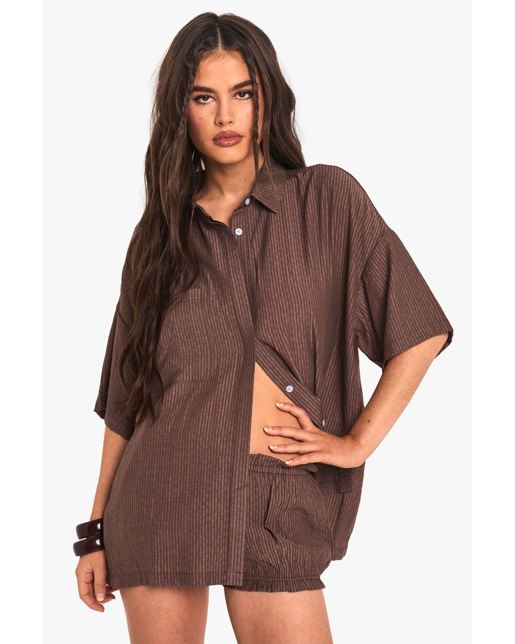 Boohoo Brown Textured Stripe Short Sleeve Shirt