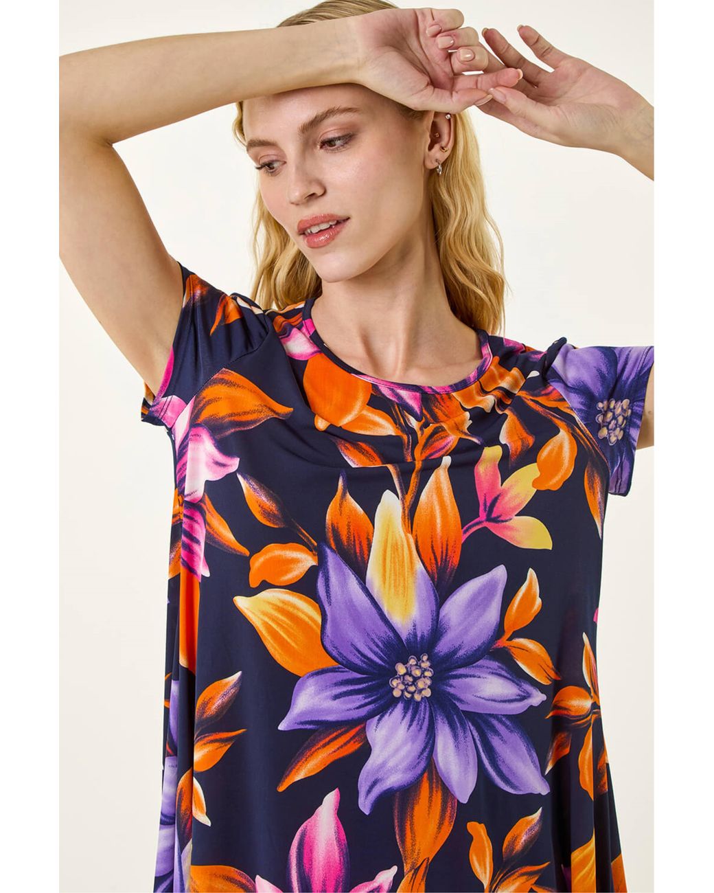 Roman Blue Floral Print Hanky Hem Tunic Top
