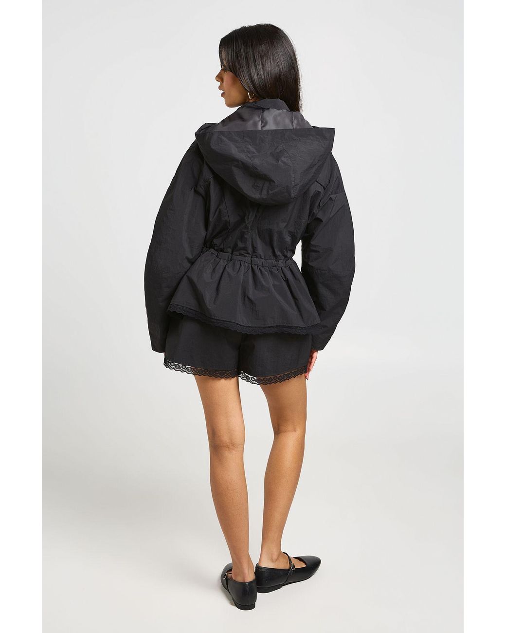 Boohoo Black Funnel Neck Lace Trim Hem Jacket