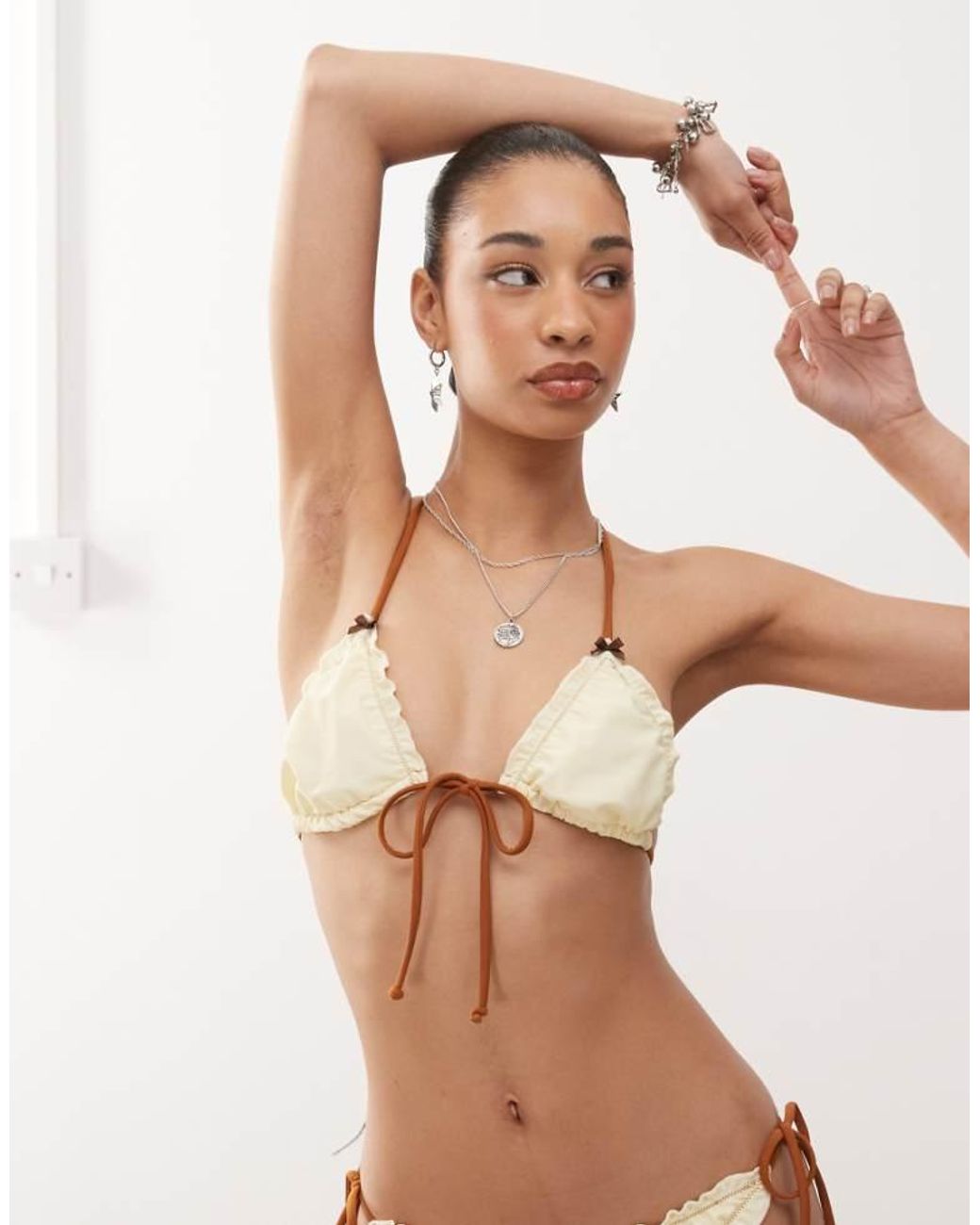 Reclaimed Vintage Natural Tie Front Triangle Bikini Top With Frills