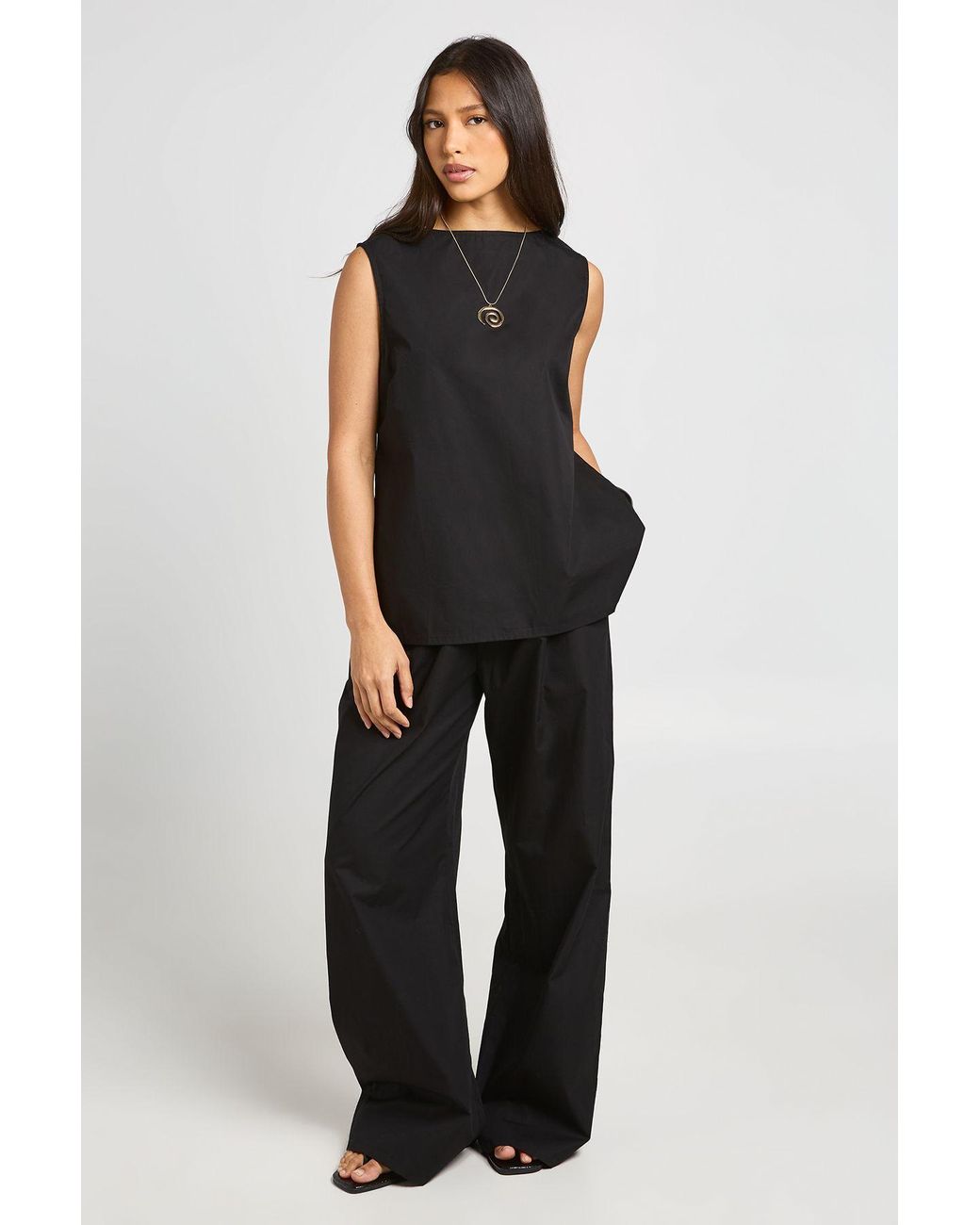 Boohoo Black Poplin Sleeveless Blouse & Wide Leg Trouser Co-Ord