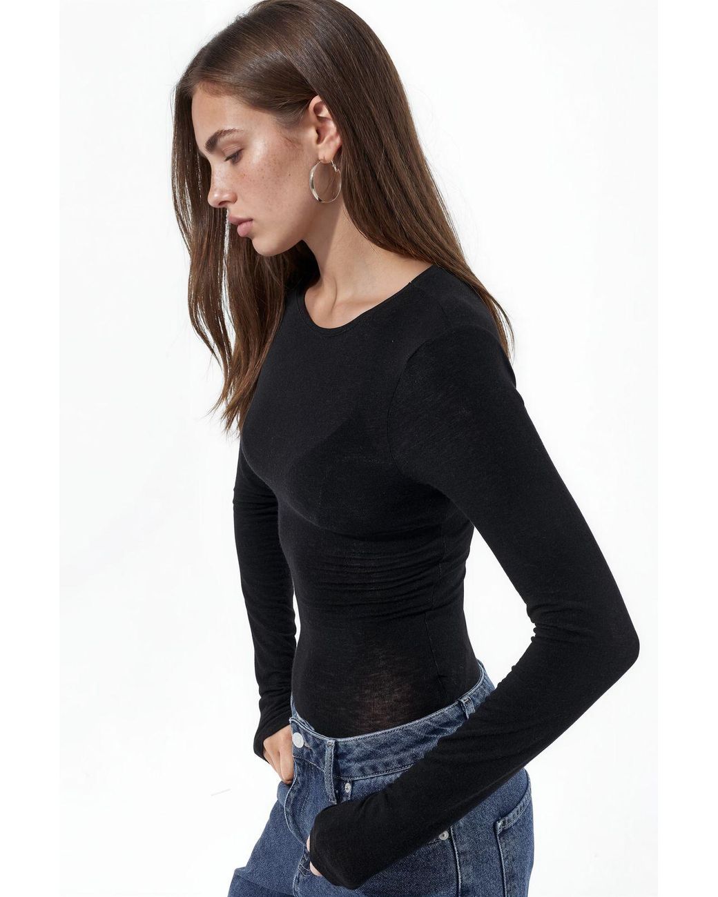 Busem Black Slim Fit Long Sleeve Transparent Blouse