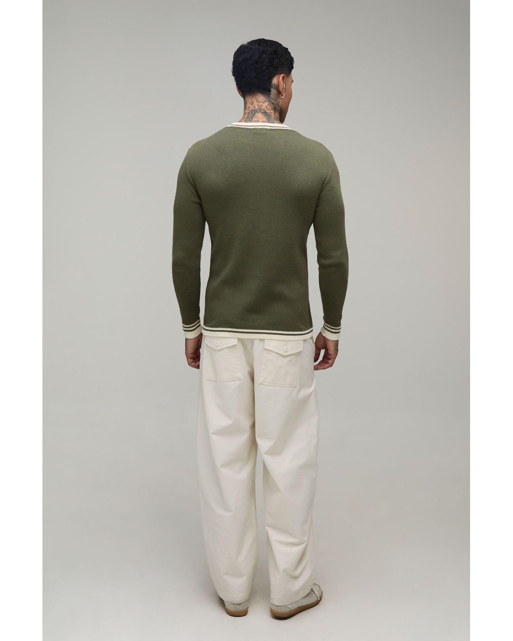 BoohooMAN Green Tall Muscle Fit Cotton Blend Tipped Knitted T-Shirt for men