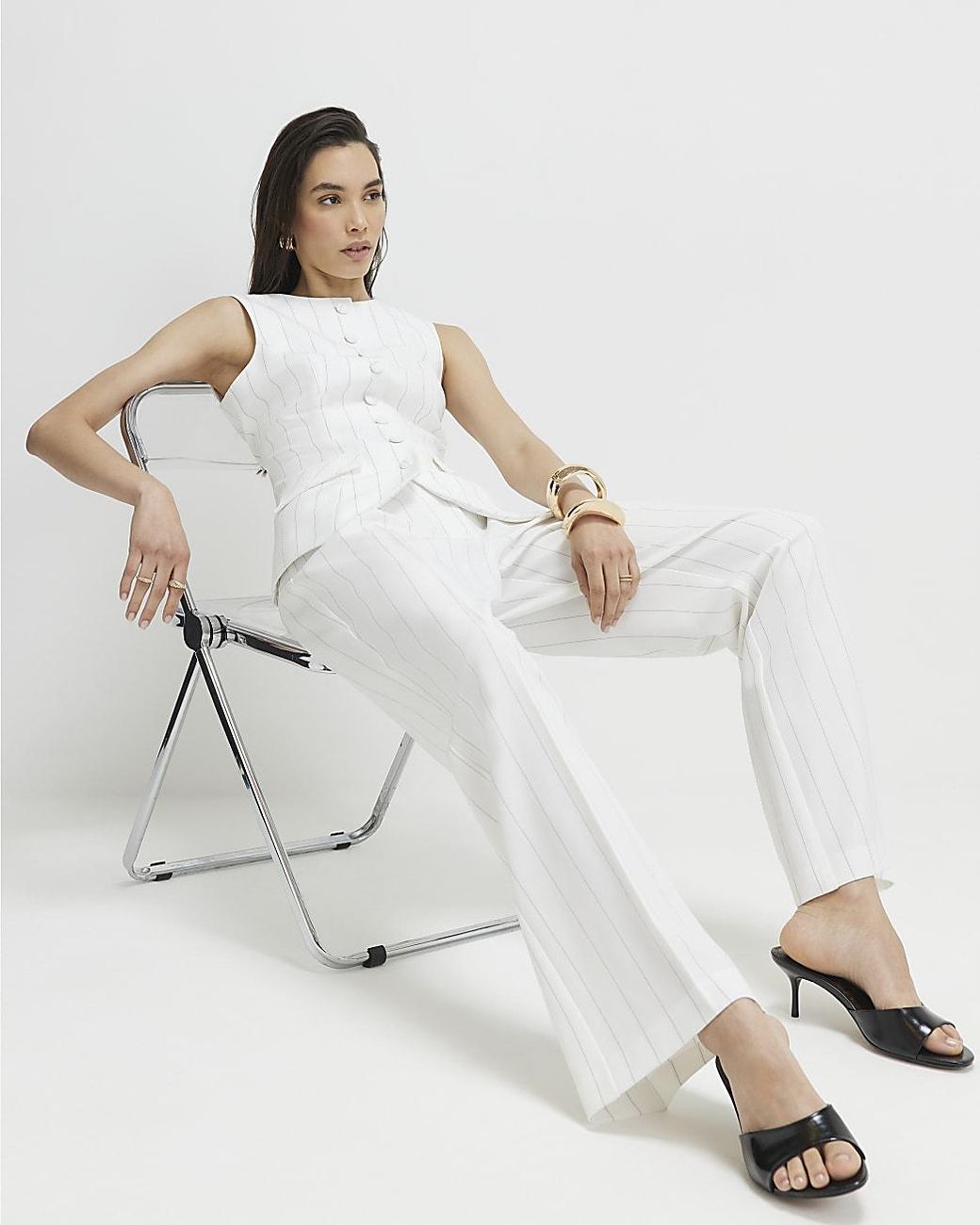 River Island White Wide Leg Trousers Striped