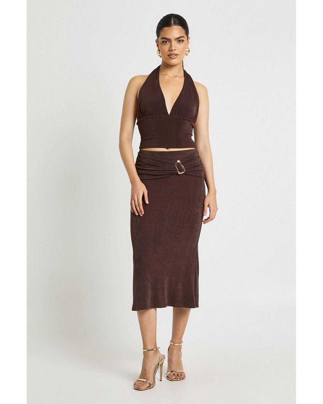 Boohoo Red Acetate Slinky Trim Detail Midi Skirt