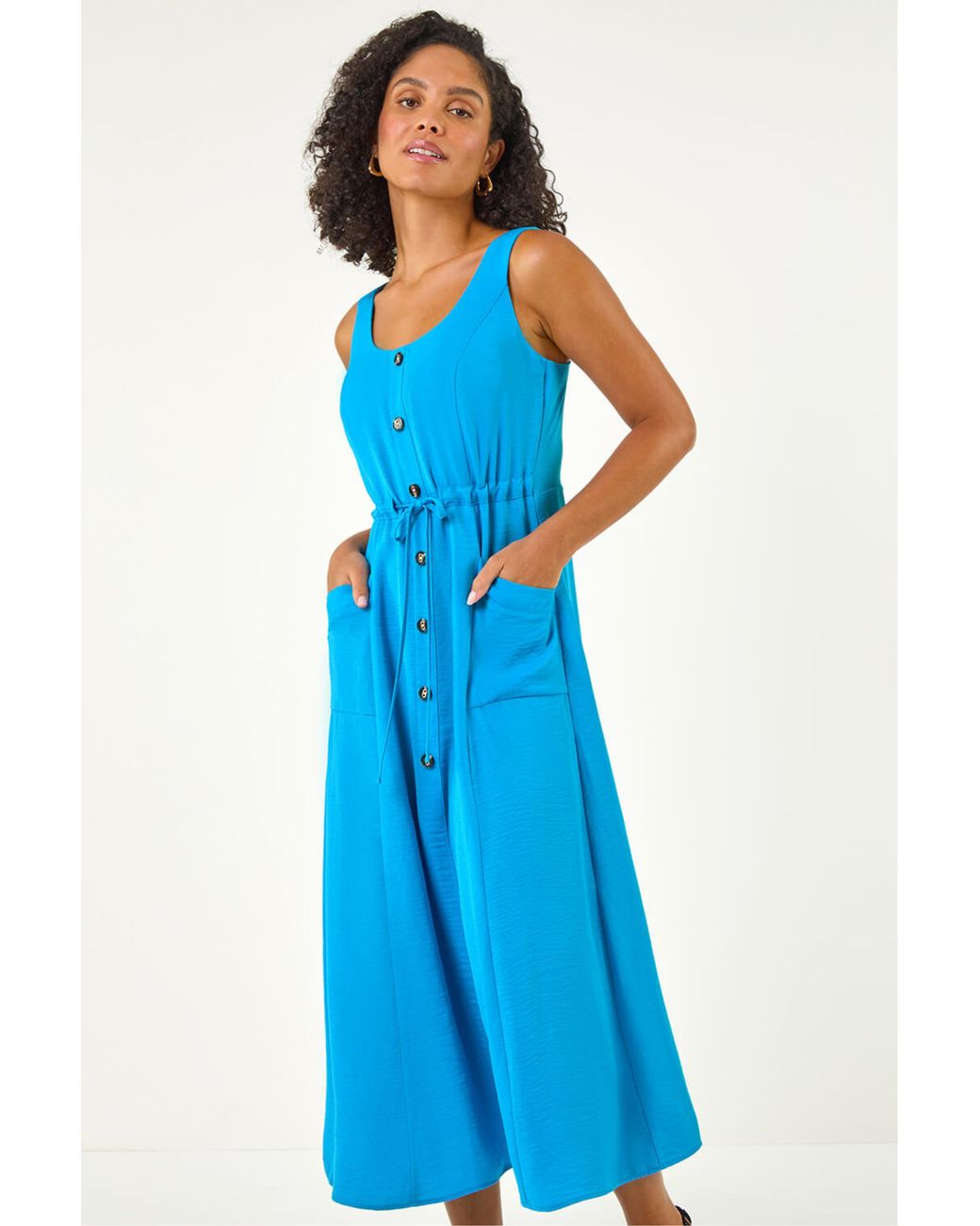 Roman Blue Buttoned Tie Waist Midi Dress
