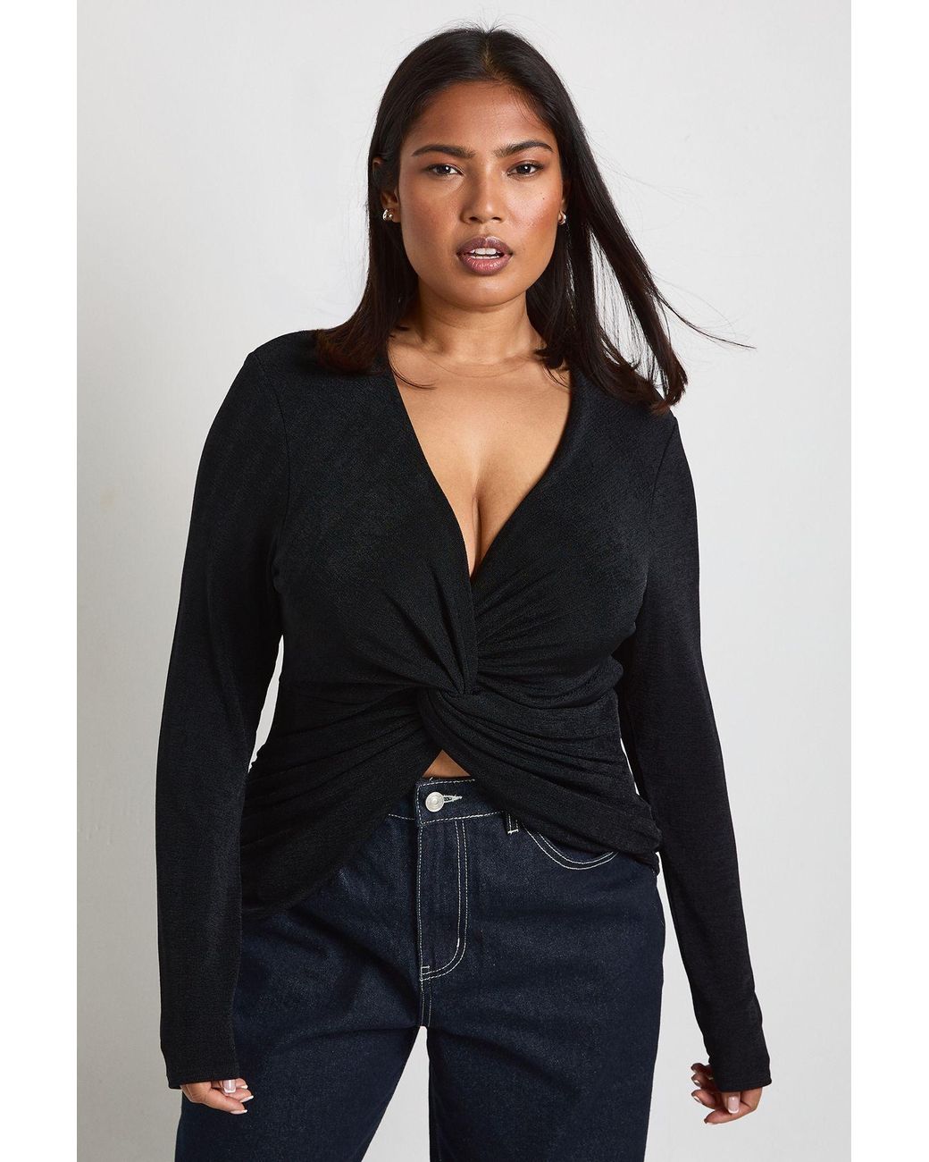 Boohoo Black Plus Knot Detail Long Sleeve Top