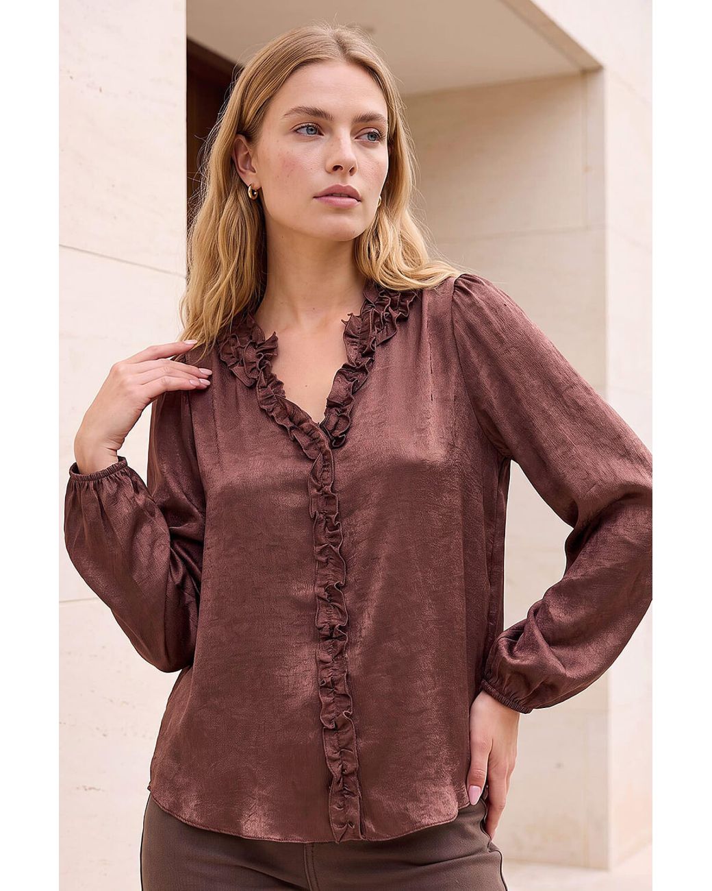 Roman Brown Crinkle Satin Frill V-Neck Top