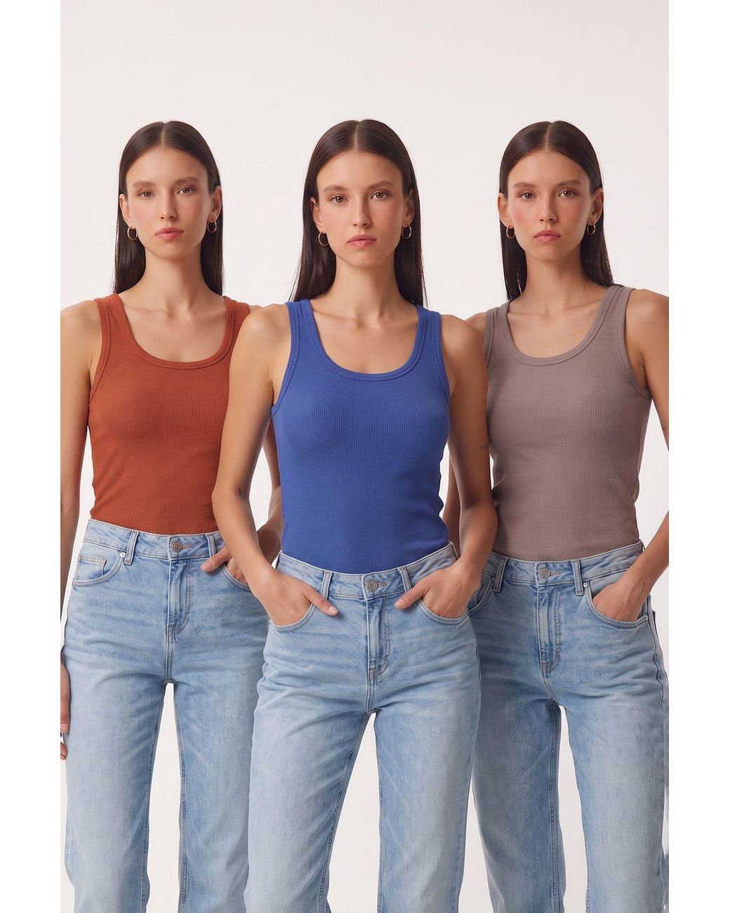 Happiness İstanbul Blue 3-Pack Ribbed Cotton Cami Tops