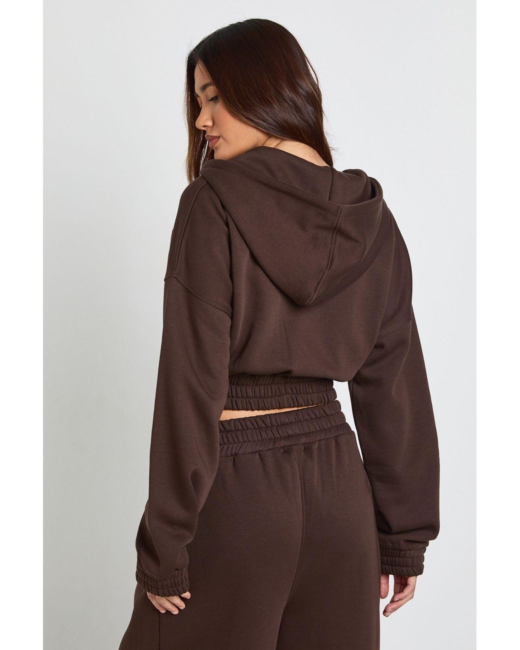 Boohoo Brown Cropped Double Zip Cinched Waist Hoodie