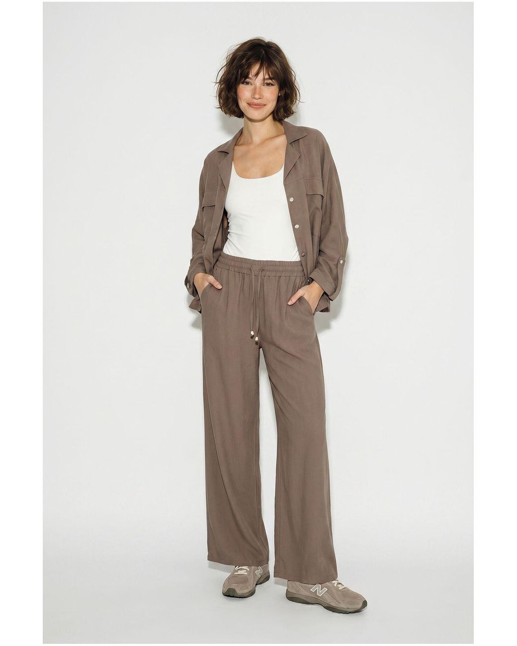 Bianco Lucci Natural Two-Piece Crepe Blouse And Wide-Leg Trousers