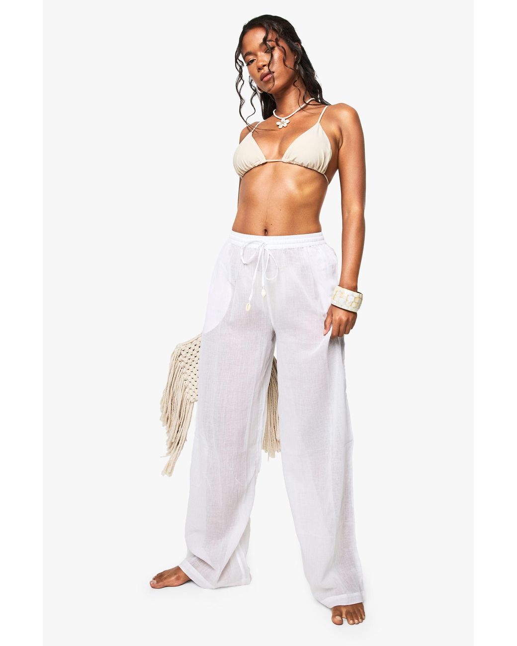 Boohoo White Shell Trim Wide Leg Beach Trousers