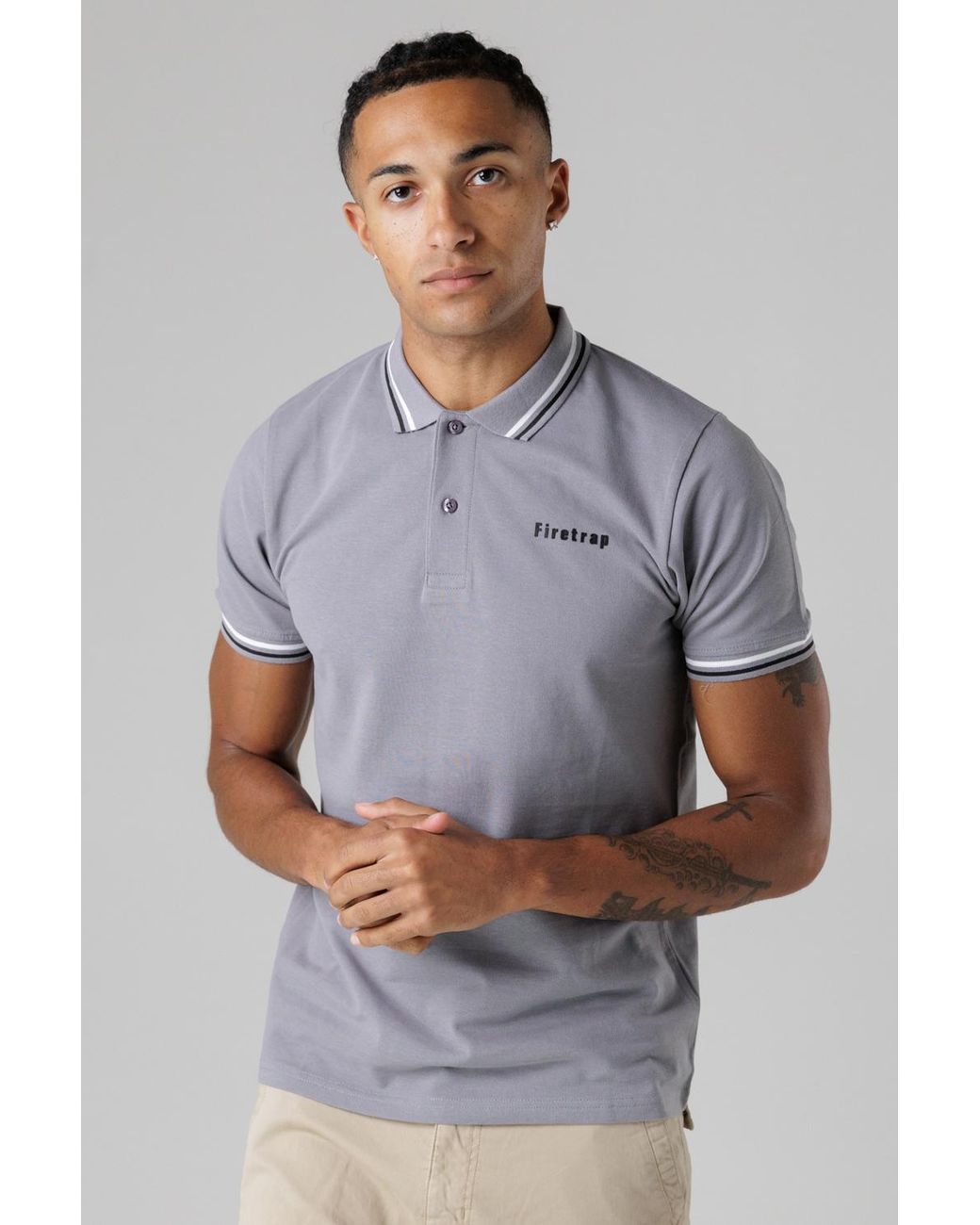 Firetrap Gray Regular Fit Cotton Button Polo Shirt With Stripe Detail for men