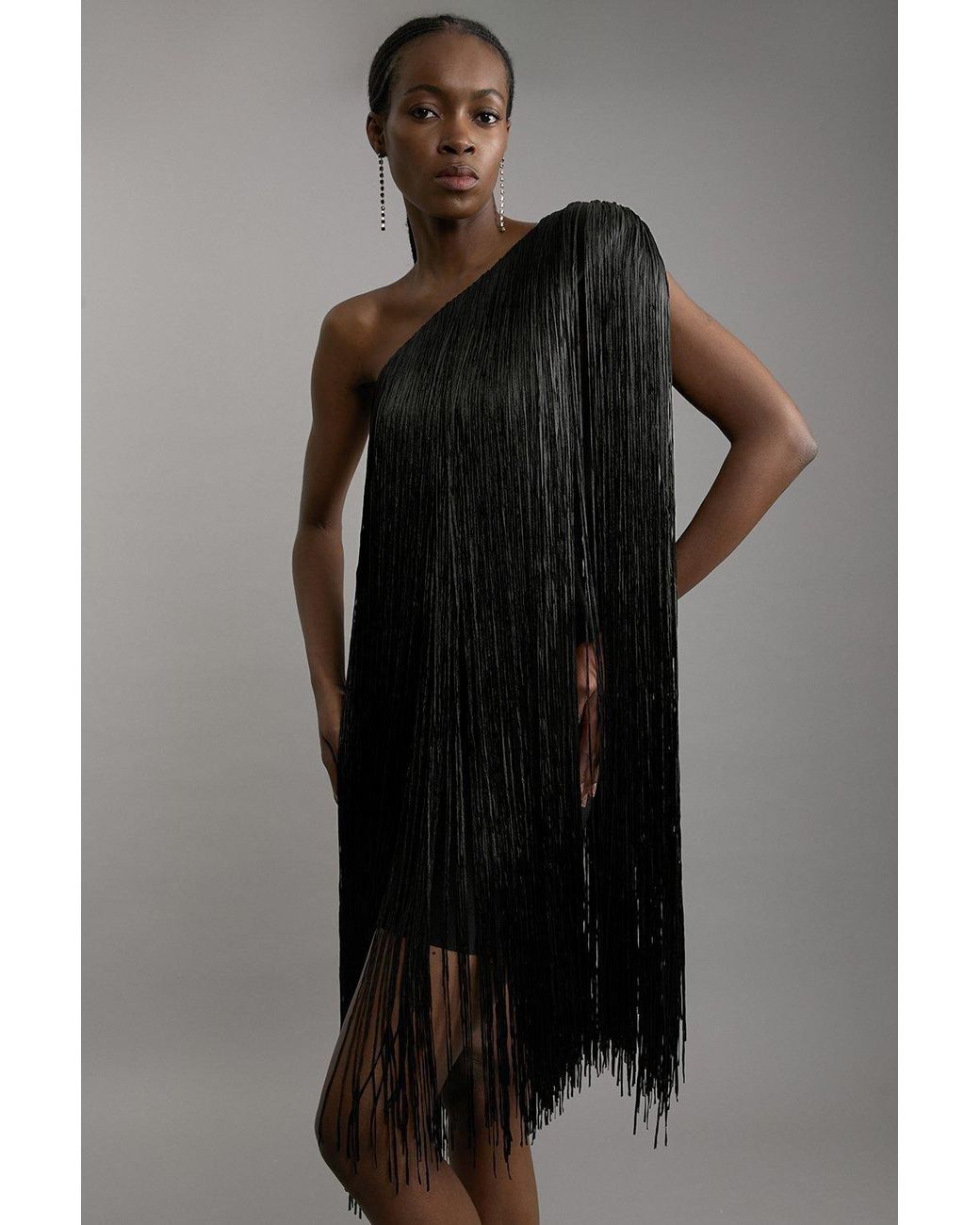 Karen Millen Black Figure Form Bandage One Shoulder Fringe Mini Knit Dress