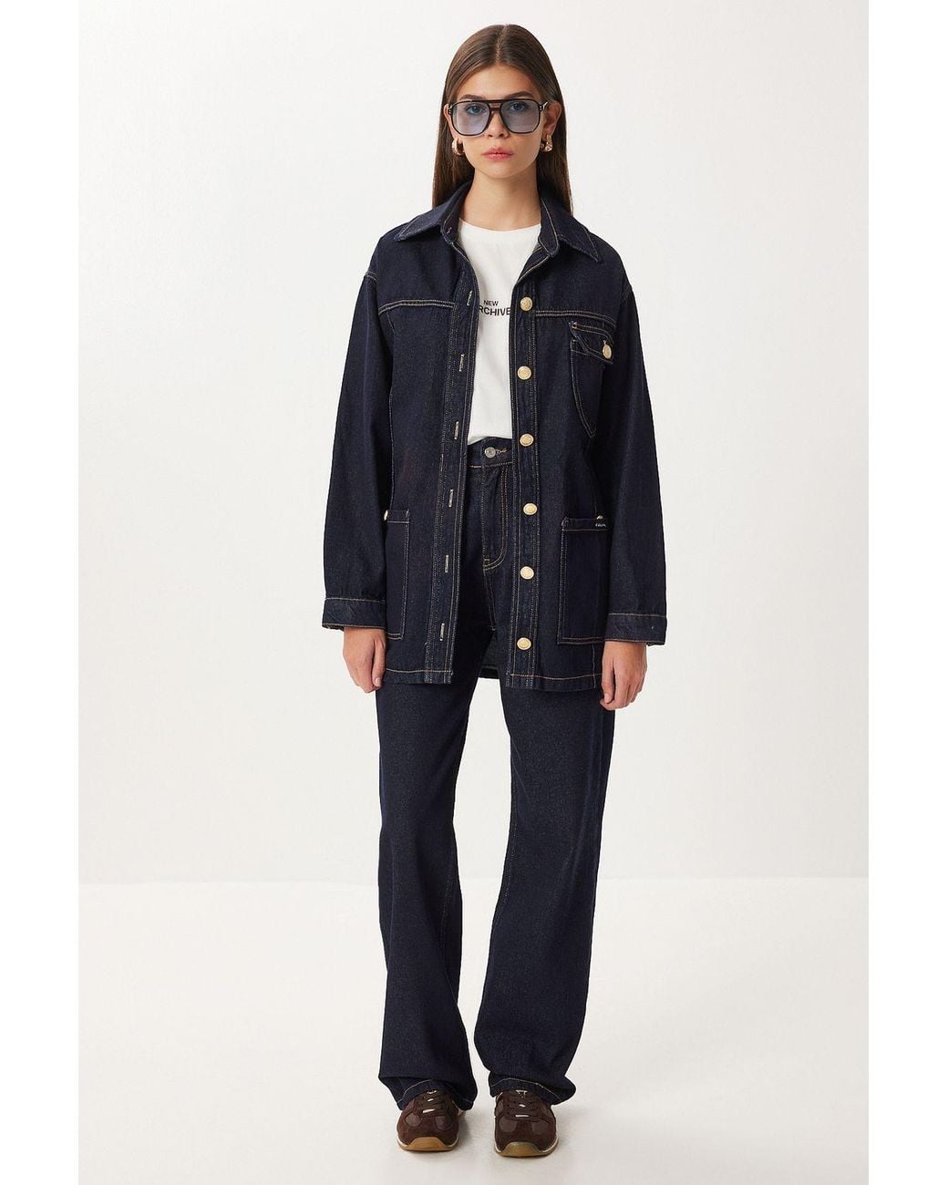 Happiness İstanbul Blue Belted Denim Jacket And Wide Leg Pants Two-Piece Set