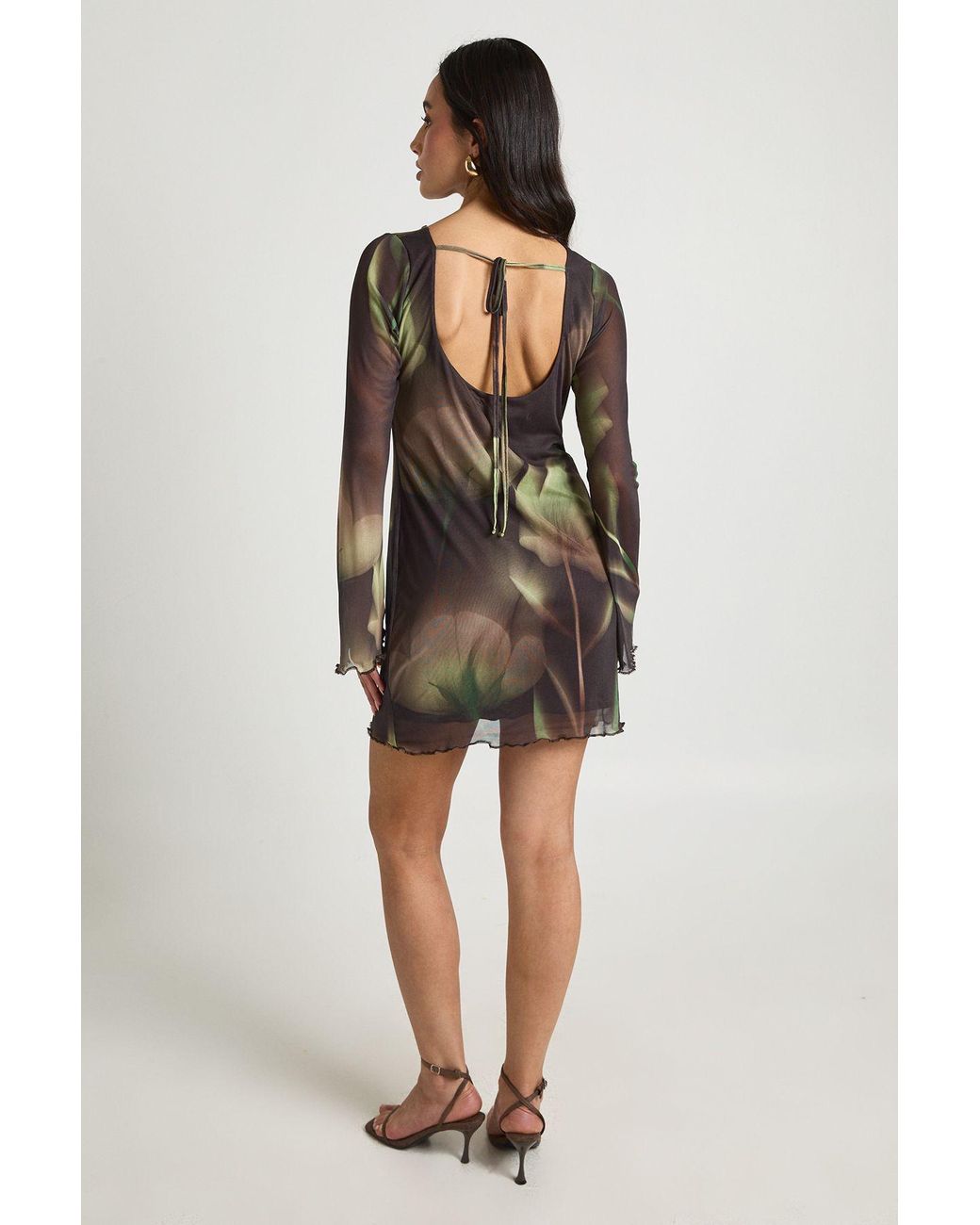 Boohoo Black Floral Mesh Flare Sleeve Mini Dress