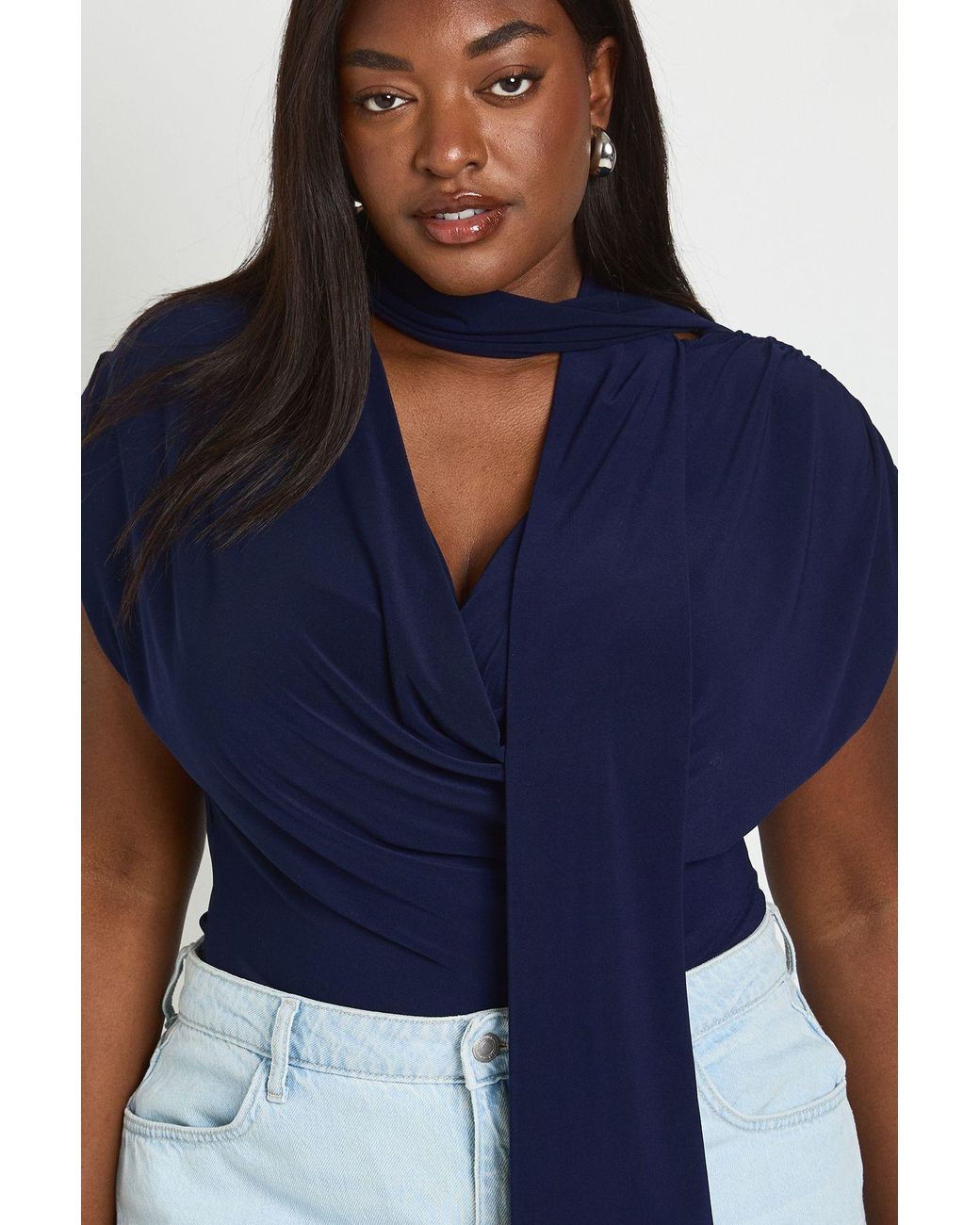 Boohoo Blue Plus Double Layer Slinky Scarf Detail Ruched Shoulder Bodysuit