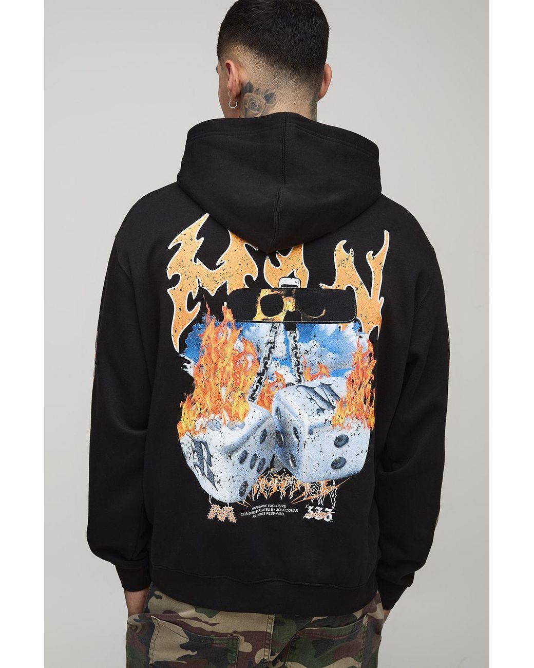 BoohooMAN Black Tall Oversized Gothic Dice Graphic Hoodie for men