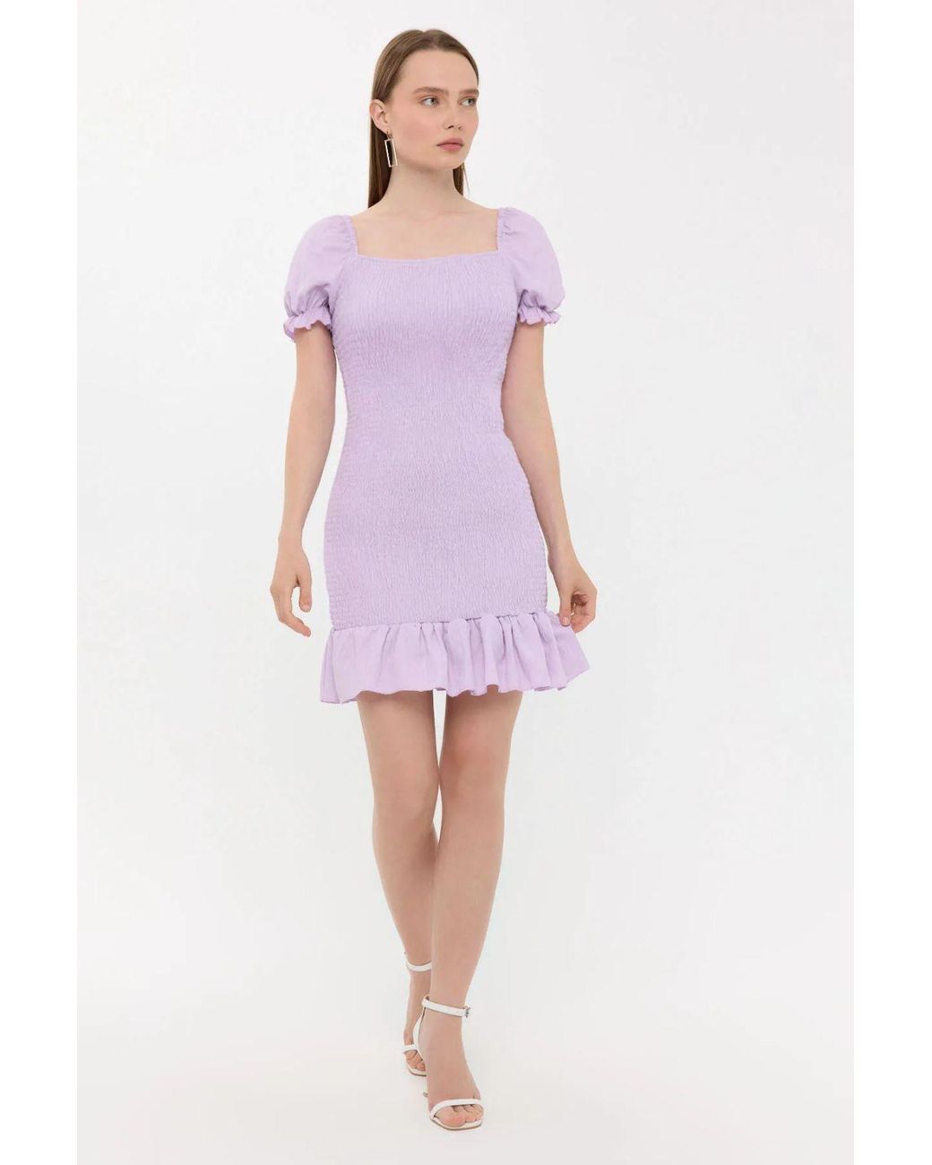 Hiccup Purple Ribbed Ruffled Square Neck Mini Dress With Balloon Sleeves