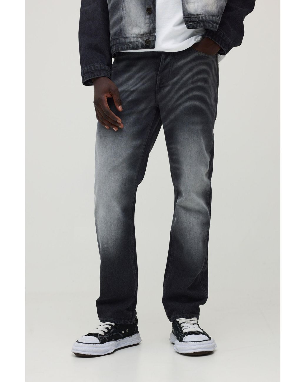 BoohooMAN Black Straight Rigid Laser Print Marble Denim Jeans for men