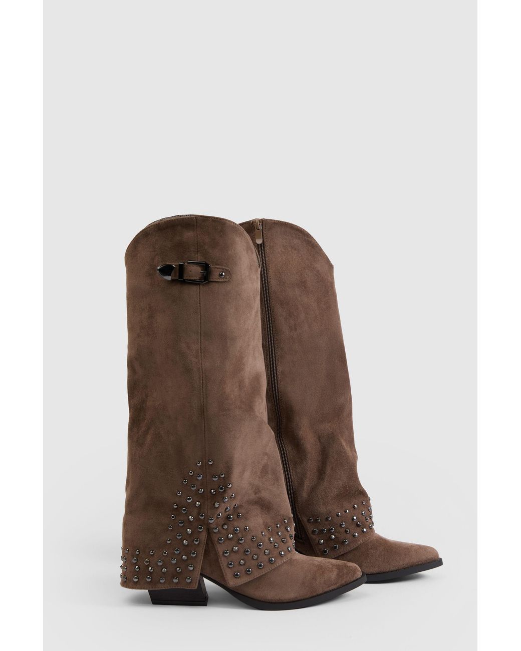 Boohoo Brown Faux Suede Fold Over Stud Detail Western Boots