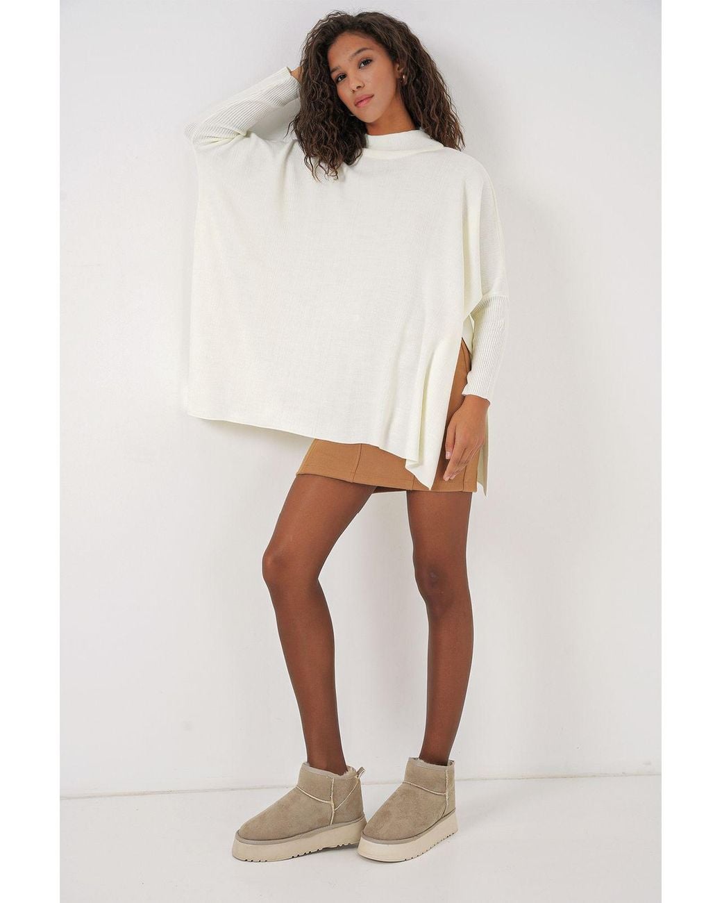 Bigdart White Slit Detailed Half Turtleneck Loose Sweater