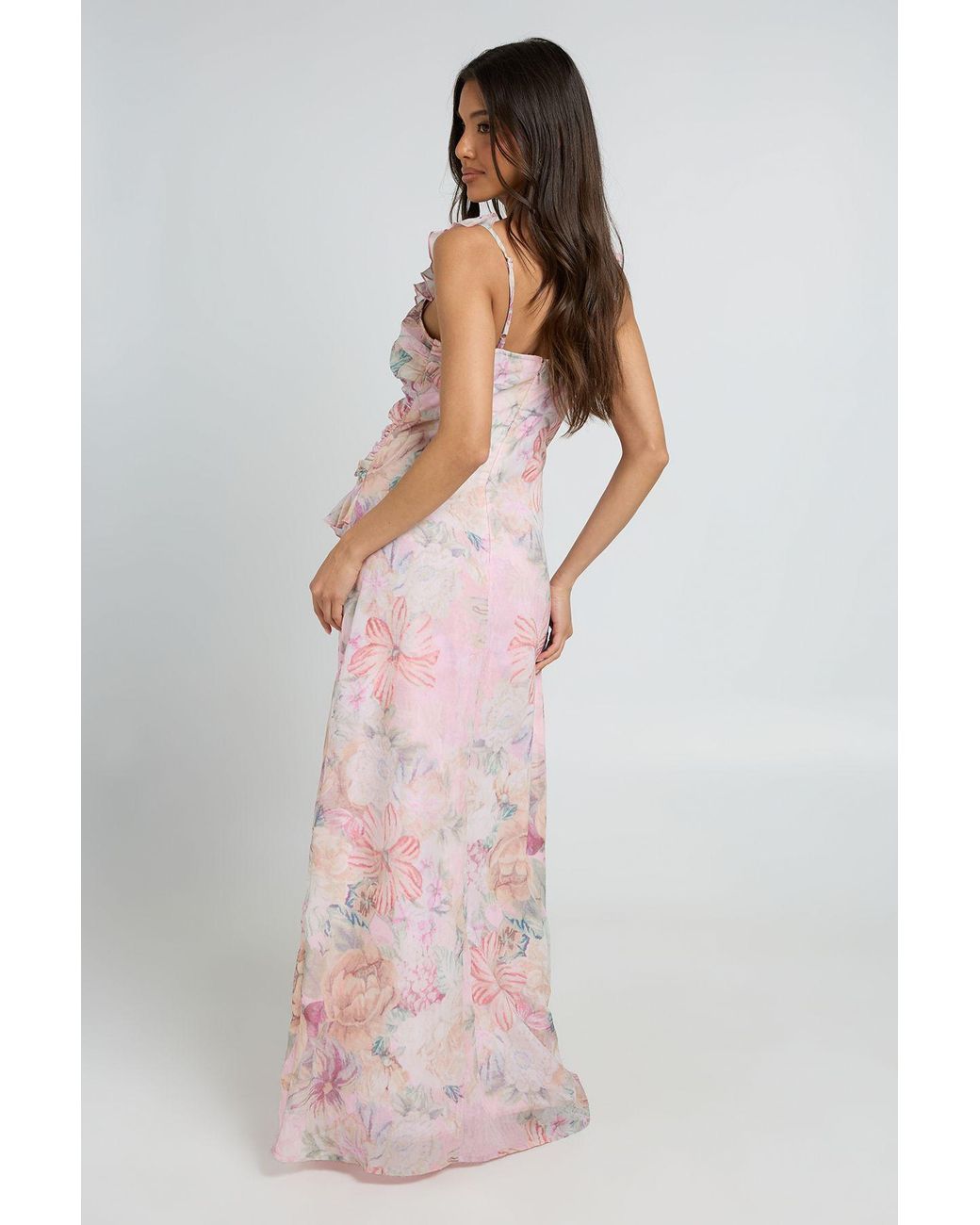 Boohoo Orange Chiffon Floral Ruched Waist Ruffle Detail Maxi Dress