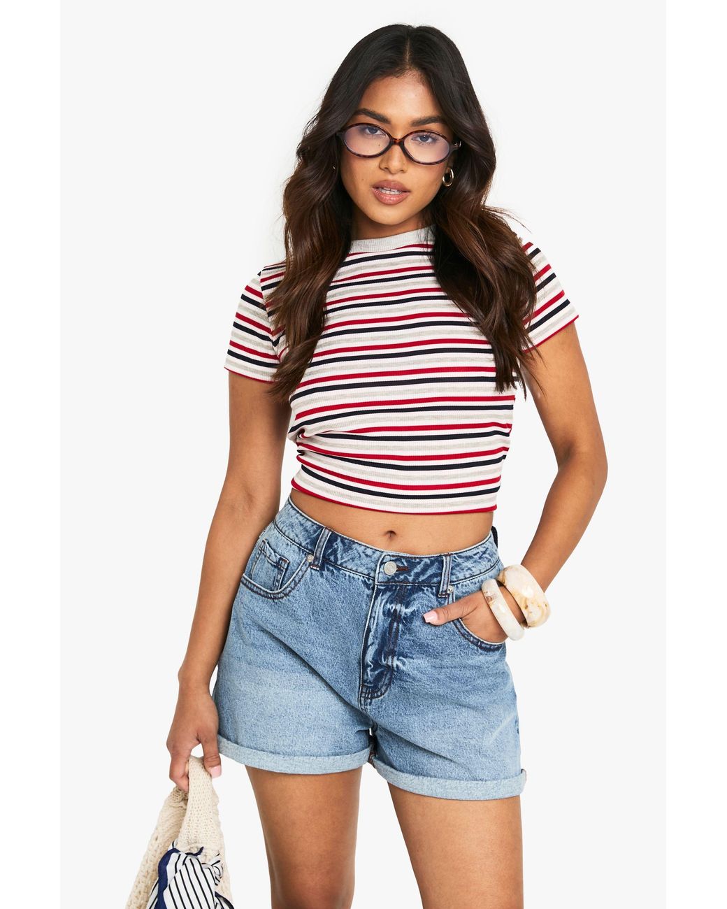 Boohoo Blue Petite Denim Mom Short
