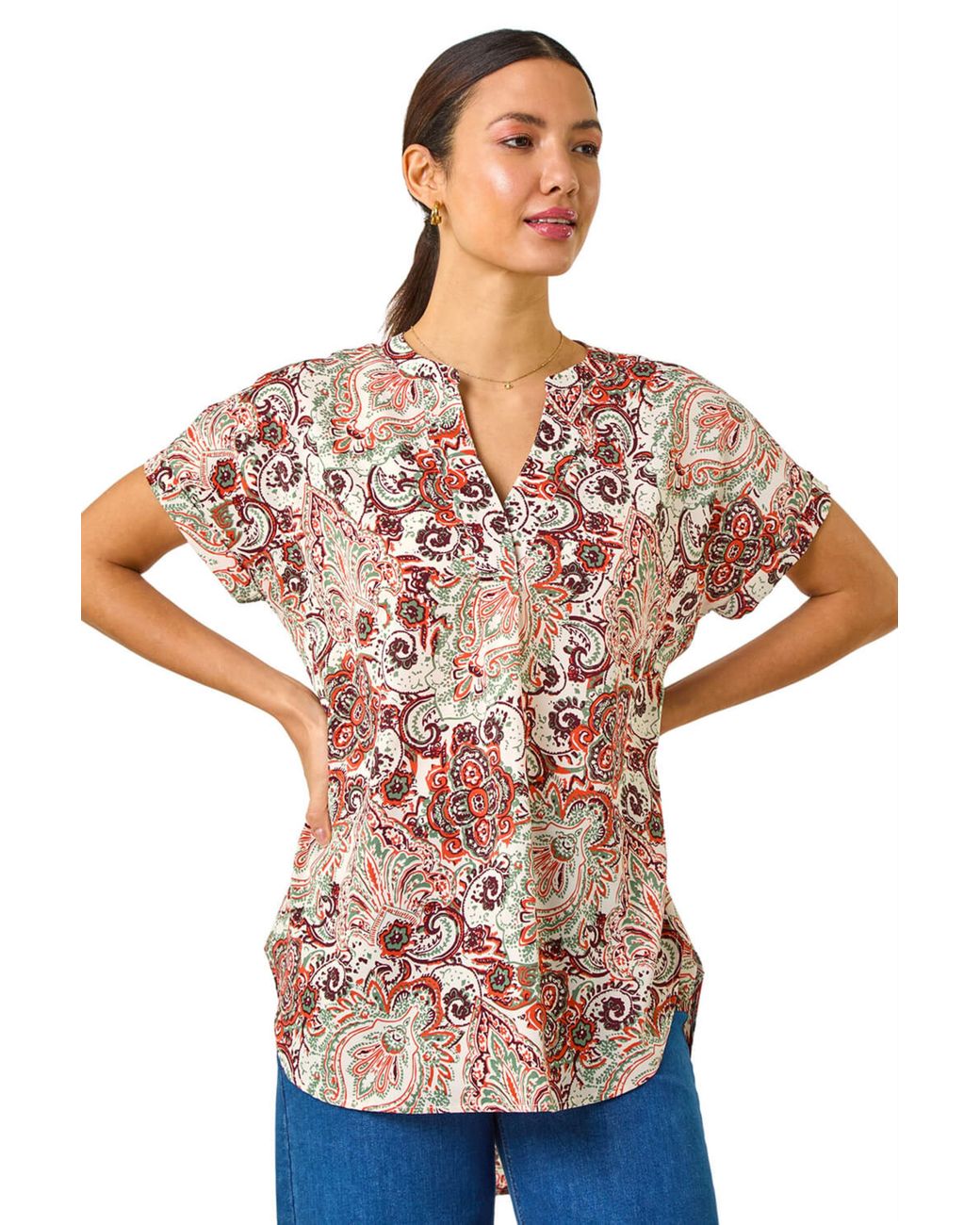 Roman Pink Paisley Print V-Neck Top