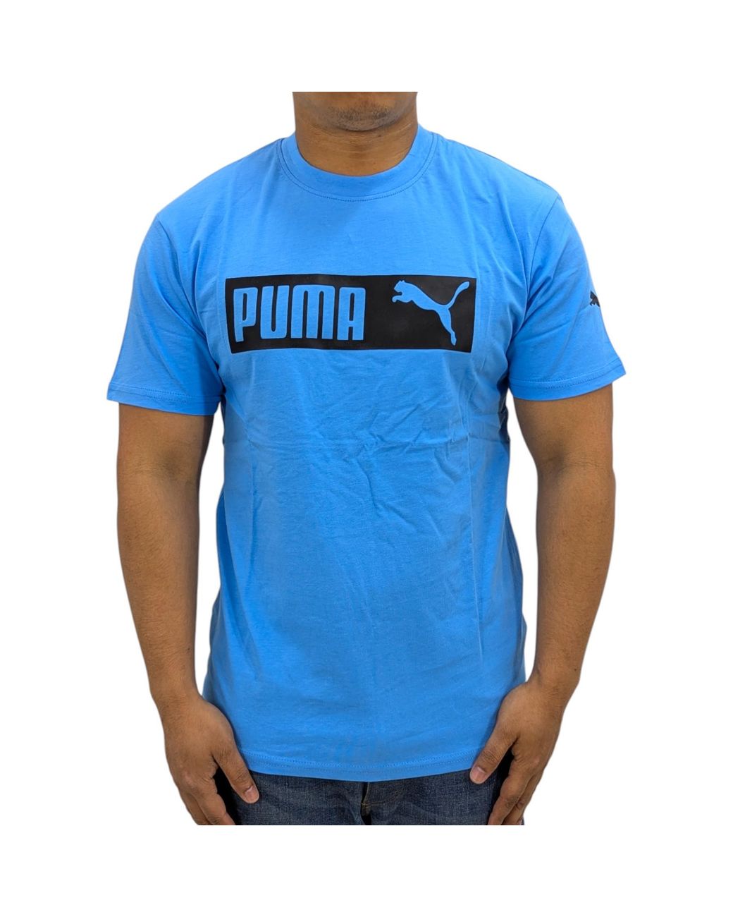 PUMA Blue Essentials Logo T Shirts Crew Neck Pullover Casual Cotton Sports Tee for men