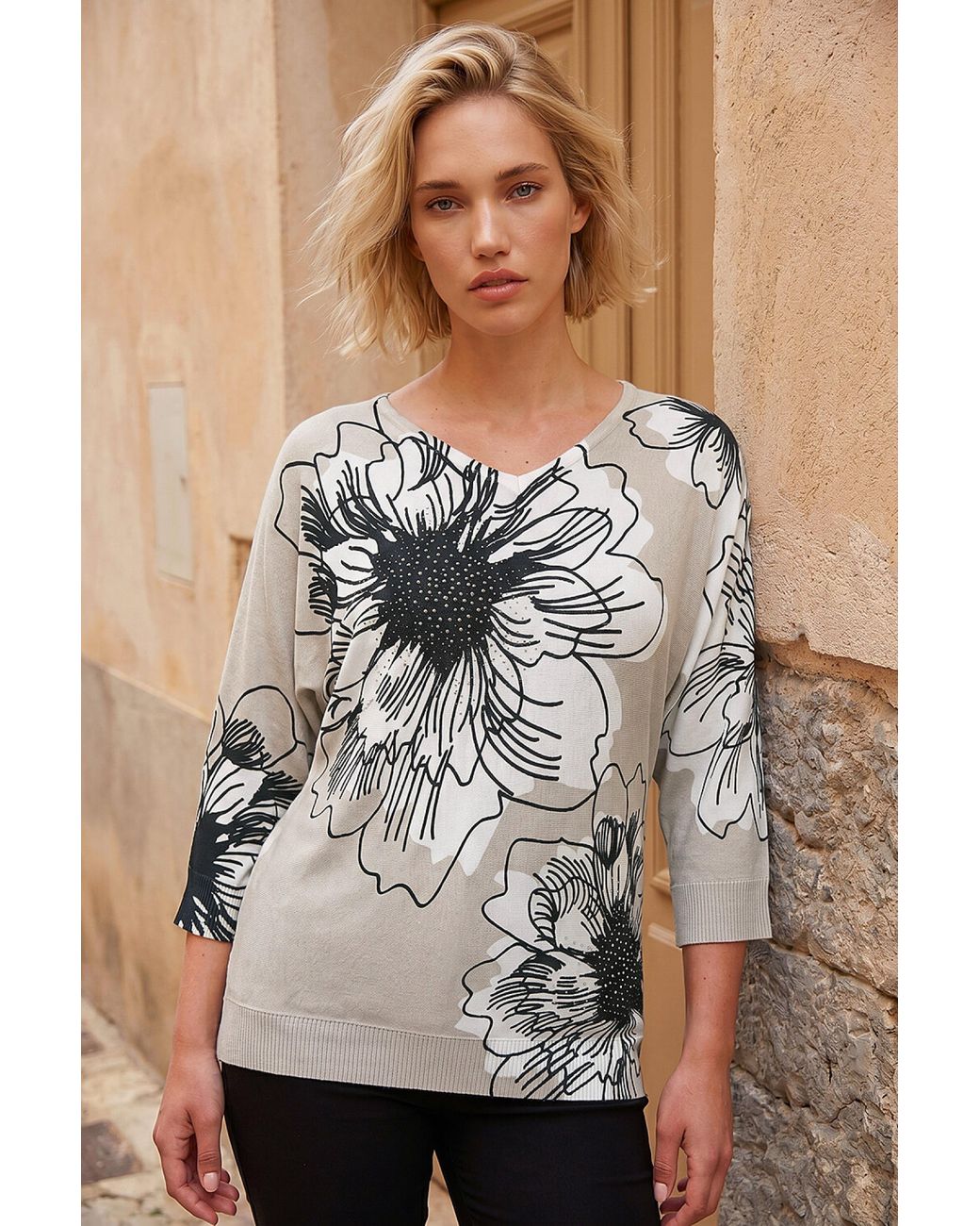Roman Gray Mono Embellished Floral V-Neck Jumper