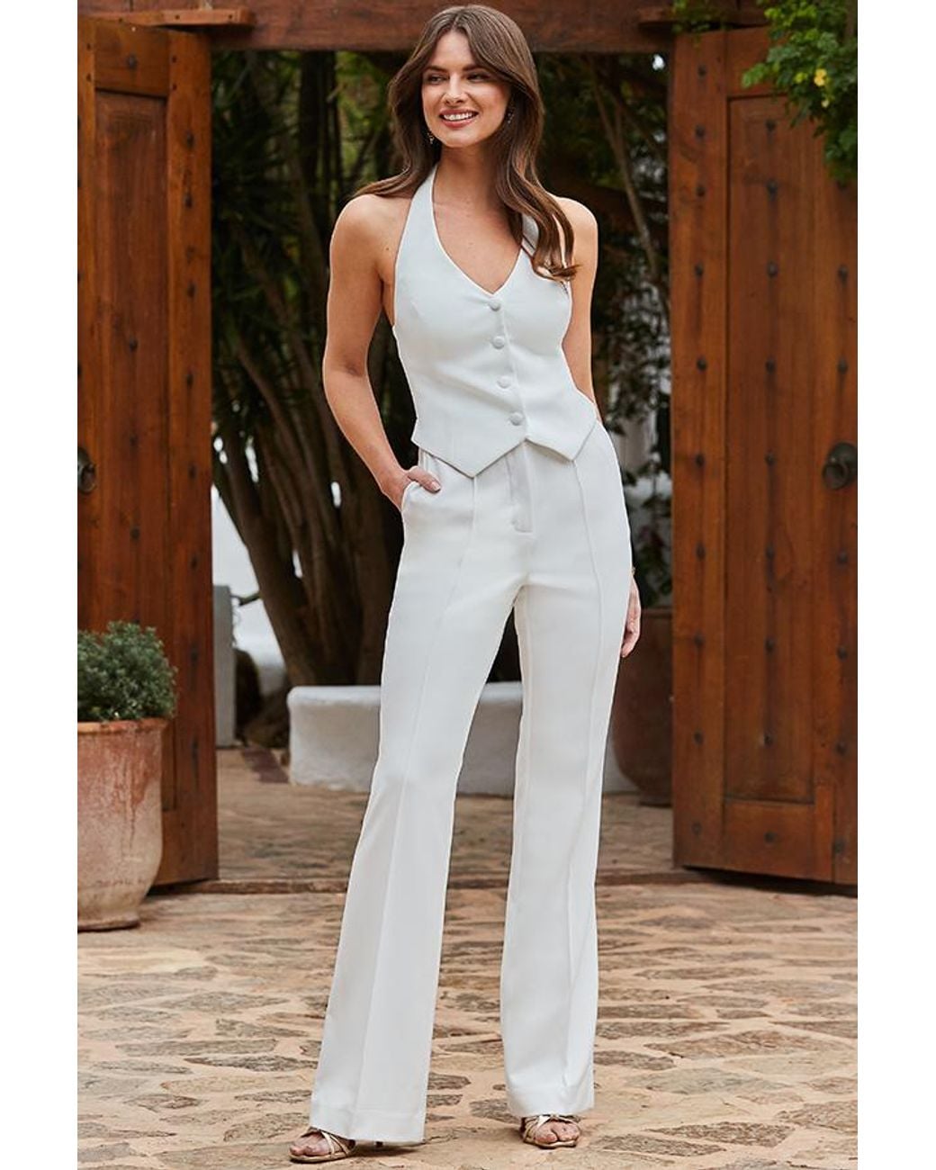 Sosandar Brown Ivory Halter Neck Waistcoat Jumpsuit