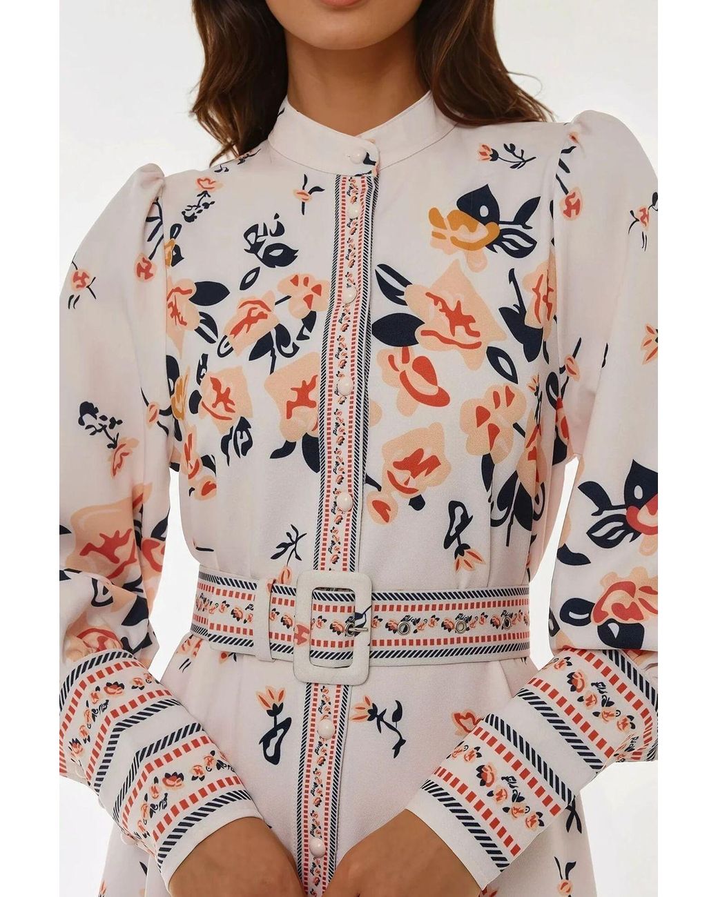 Hiccup White Printed Long Sleeve Maxi Dress With Belt