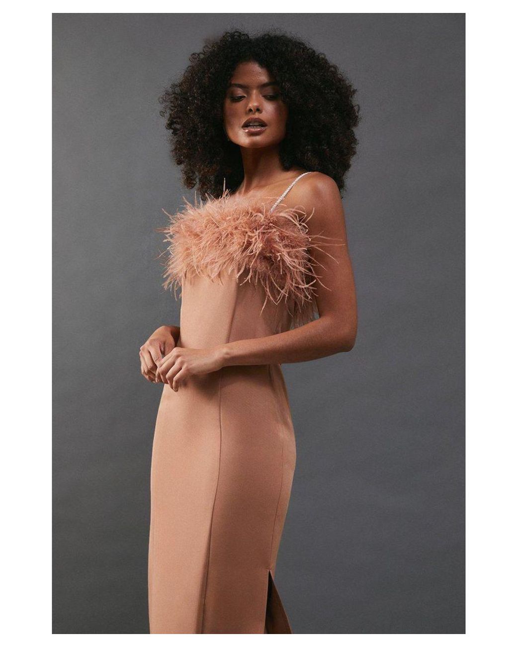 Warehouse Gray Feather Detail Diamante Strap Bandeau Midi Dress