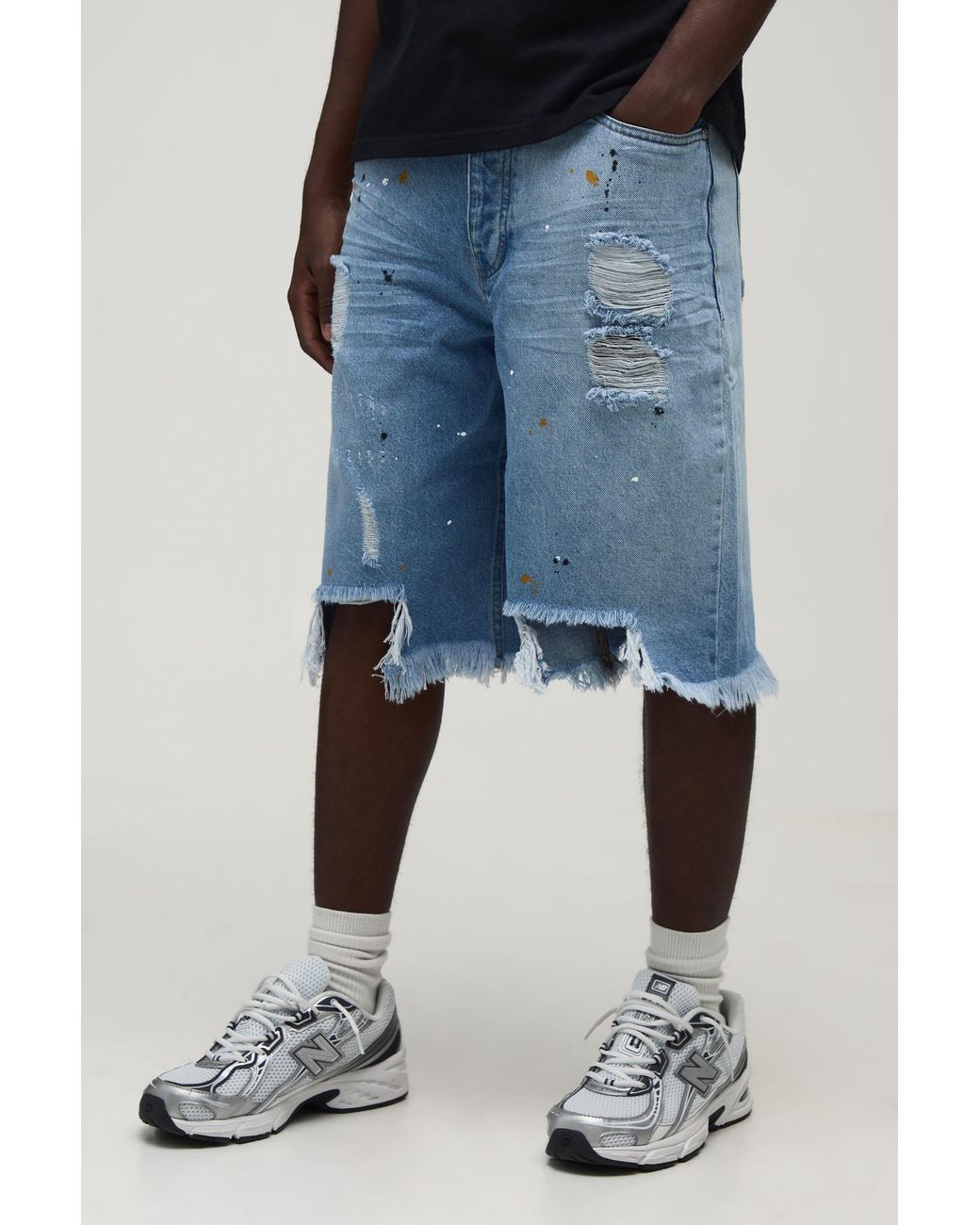 BoohooMAN Blue Regular Fit Ripped Jorts for men